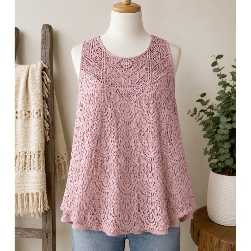 Boho Romantic Lace Tank Top Crochet Yoke 2X EVRI